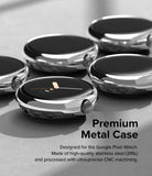 Google Pixel Watch 41mm | Bezel Styling - Multiple polished stainless steel watch bezels arranged on a grey surface.