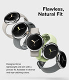 Google Pixel Watch 41mm | Bezel Styling - Five Google Pixel Watches in various band colors arranged diagonally.