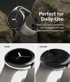 Google Pixel Watch 41mm | Bezel Styling - A Pixel Watch with a protective bezel, shown installed versus uninstalled.