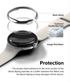 Google Pixel Watch 41mm | Bezel Styling - Exploded view of a watch bezel, adhesive layer, and Google Pixel Watch.