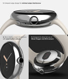 Google Pixel Watch 41mm | Bezel Styling - Three views of a chrome watch bezel highlighting button access and sensors.
