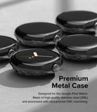 Google Pixel Watch 41mm | Bezel Styling - Multiple glossy black stainless steel watch cases arranged on a gray surface.
