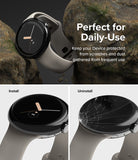 Google Pixel Watch 41mm | Bezel Styling - A watch with a protective bezel, shown installed and uninstalled on a rock.