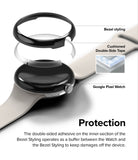 Google Pixel Watch 41mm | Bezel Styling - Exploded view of a watch bezel, adhesive tape, and Google Pixel Watch.