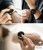 Google Pixel Watch 41mm | Bezel Styling - Three close-ups of wrists wearing Pixel Watches in Glossy Silver, Black, and Gold.