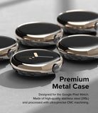 Google Pixel Watch 41mm | Bezel Styling - Multiple polished gold-tone stainless steel watch bezels arranged on a gray surface.