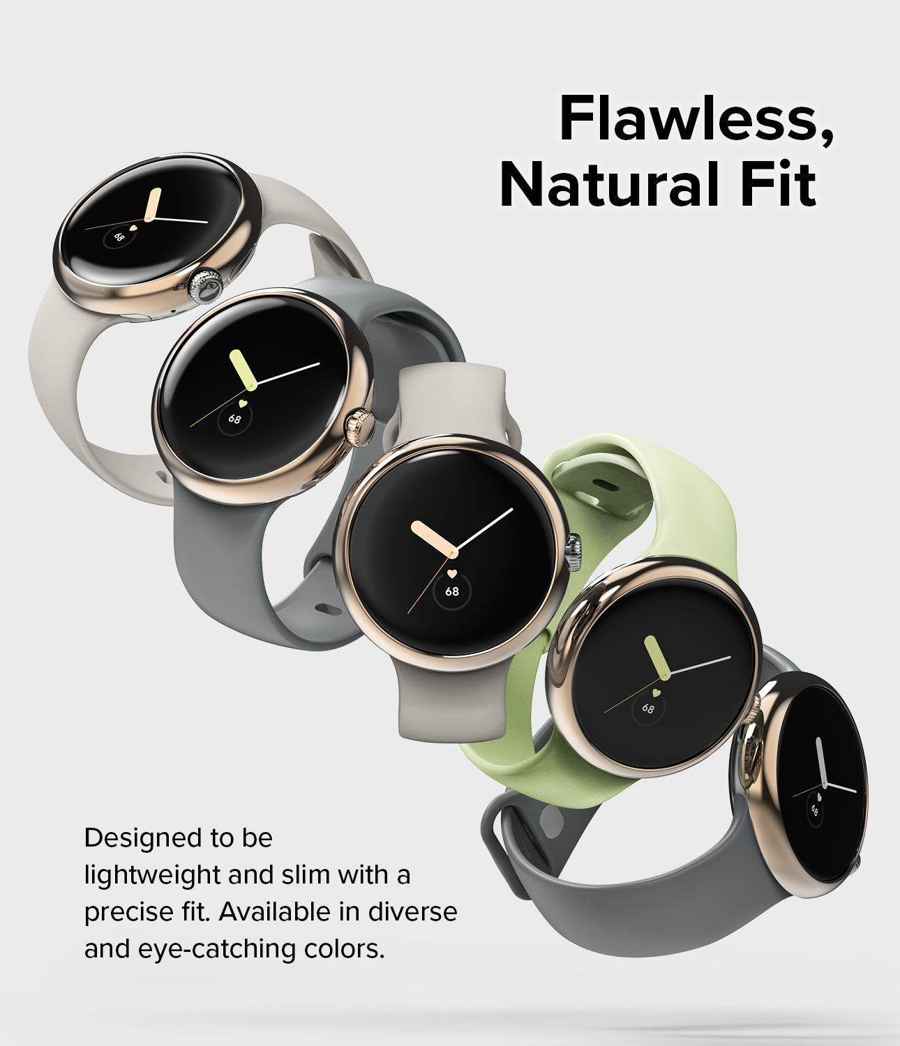 Google Pixel Watch 41mm | Bezel Styling - Five Google Pixel Watches with different colored bands arranged diagonally.