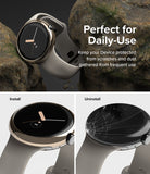 Google Pixel Watch 41mm | Bezel Styling - A gold bezel protector on a Pixel Watch, showing installation and removal.
