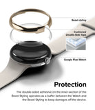 Google Pixel Watch 41mm | Bezel Styling - Exploded view of a gold bezel, adhesive ring, and Google Pixel Watch.