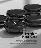 Google Pixel Watch 41mm | Premium Bezel Styling - Multiple glossy black stainless steel watch bezels on a gray surface.