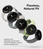 Google Pixel Watch 41mm | Premium Bezel Styling - Five Google Pixel Watches with different colored bands arranged diagonally.