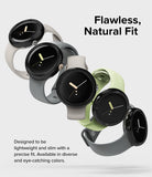 Google Pixel Watch 41mm | Premium Bezel Styling - Five Google Pixel Watches with textured bezels in various band colors.
