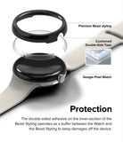 Google Pixel Watch 41mm | Premium Bezel Styling - Exploded view of watch bezel, adhesive tape, and Google Pixel Watch.