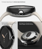 Google Pixel Watch 41mm | Premium Bezel Styling - Close-up views of a black watch bezel highlighting edge design, crown access, and sensor compatibility.