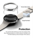 Google Pixel Watch 41mm | Premium Bezel Styling - Exploded view of a watch bezel, adhesive tape, and Google Pixel Watch.
