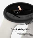 Google Pixel Watch Case | Slim - Close-up of a black slim protective case on a Google Pixel Watch with a white band.