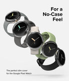 Google Pixel Watch Case | Slim - Five Google Pixel Watches with clear slim cases and various colored bands arranged diagonally.