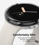 Google Pixel Watch Case | Slim - Close-up of a slim, clear protective case on a Google Pixel Watch with a white band.