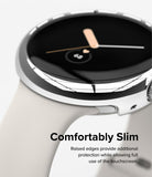 Google Pixel Watch Case | Slim - Close-up of a sleek, silver protective case on a smartwatch with a light-colored band.