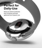Google Pixel Watch Case | Slim - Close-up of a silver protective case on a Google Pixel Watch with text overlay.