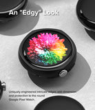Google Pixel Watch Case | Slim Edge - Black protective watch case with angular edges on a Google Pixel Watch displaying a colorful flower.