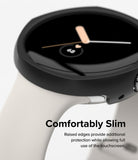 Google Pixel Watch Case | Slim Edge - Close-up of a black protective case on a smartwatch with a white band.