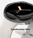 Google Pixel Watch Case | Slim Edge - Close-up of a slim black protective case on a smartwatch with a white band.