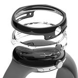 Google Pixel Watch Case | Slim Edge - Exploded view of a black watch case, clear protective shell, and a smartwatch.