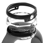 Google Pixel Watch Case | Slim Edge - Exploded view of a black watch, clear protective shell, and matte black frame.