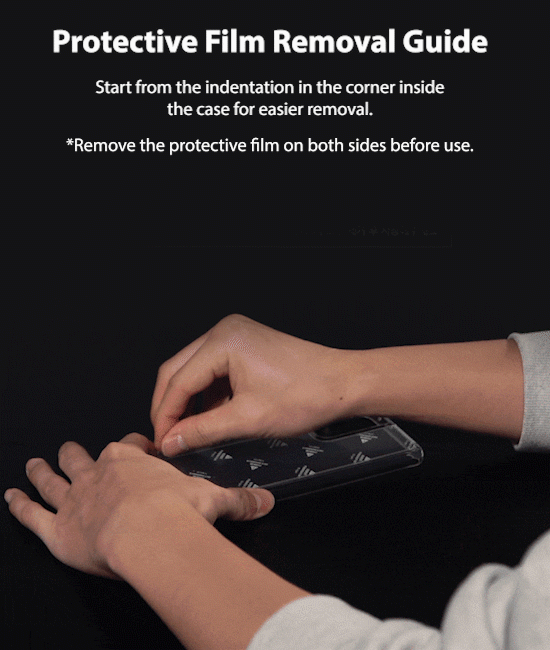 Galaxy S21 Plus Case | Fusion - Hands peeling protective film from the corner of a clear phone case against a black background.