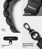 Holder Link Puffer | Hand - Black quilted polyester strap, nylon holder link, and zinc alloy 360-degree swivel carabiner.