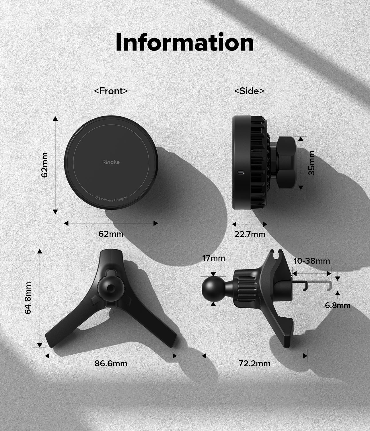 Qi2 Peltier Magnetic Car Charger Mount - Technical diagram showing front and side dimensions of the charger and mount.