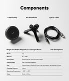 Qi2 Peltier Magnetic Car Charger Mount - Components include a magnetic charger, air vent mount, and USB-C cable with specs.