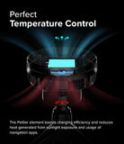 Qi2 Peltier Magnetic Car Charger Mount - Diagram showing heat dissipation with blue cooling and red exhaust arrows.