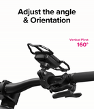 Quick & Go | Grip Bike Mount - A black phone mount on a bicycle handlebar demonstrating a 160-degree vertical pivot adjustment.