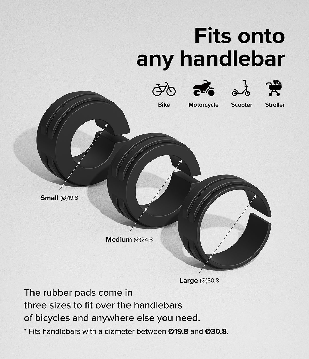 Quick & Go | Grip Bike Mount - Three black rubber handlebar mounting rings in small, medium, and large sizes.