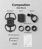Quick & Go | Grip Bike Mount - Exploded view of bike mount components including holder, head, clamp, rubber pads, wrench, bolt, and manual.