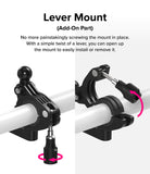 Quick & Go | Lever Mount Add-on - A black lever mount clamped to a bar, showing the mechanism opening with a twist.