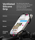 Quick & Go | Grip Bike Mount - Smartphone in a black silicone corner mount with pink dots highlighting clear access.