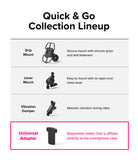Quick & Go | Universal Adapter Mount Add-on - Comparison chart of four phone mounts, highlighting the Universal Adapter.