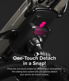 Quick & Go | Universal Adapter Mount Add-on - Close-up of a phone mount with a pink arrow pointing to the release button.