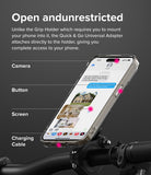 Quick & Go | Universal Adapter Mount Add-on - Smartphone mounted on a bike with highlighted access to camera, buttons, screen, and charging port.