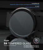 Galaxy Watch 5 / 4 Screen Protector | Glass - R4 - Tempered glass screen protector hovering over a black smartwatch.