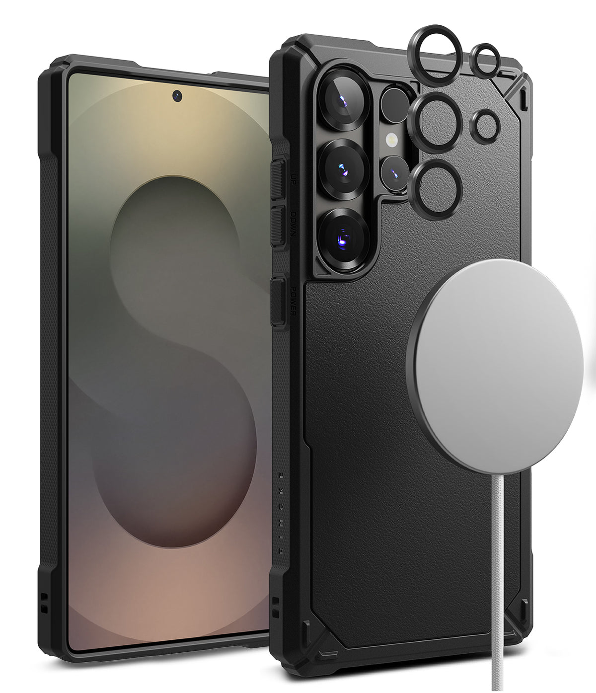[Bundle] Galaxy S25 Ultra | Rugged Gear Magnetic - Black rugged phone case on Galaxy S25 Ultra with magnetic charger and lens protectors.