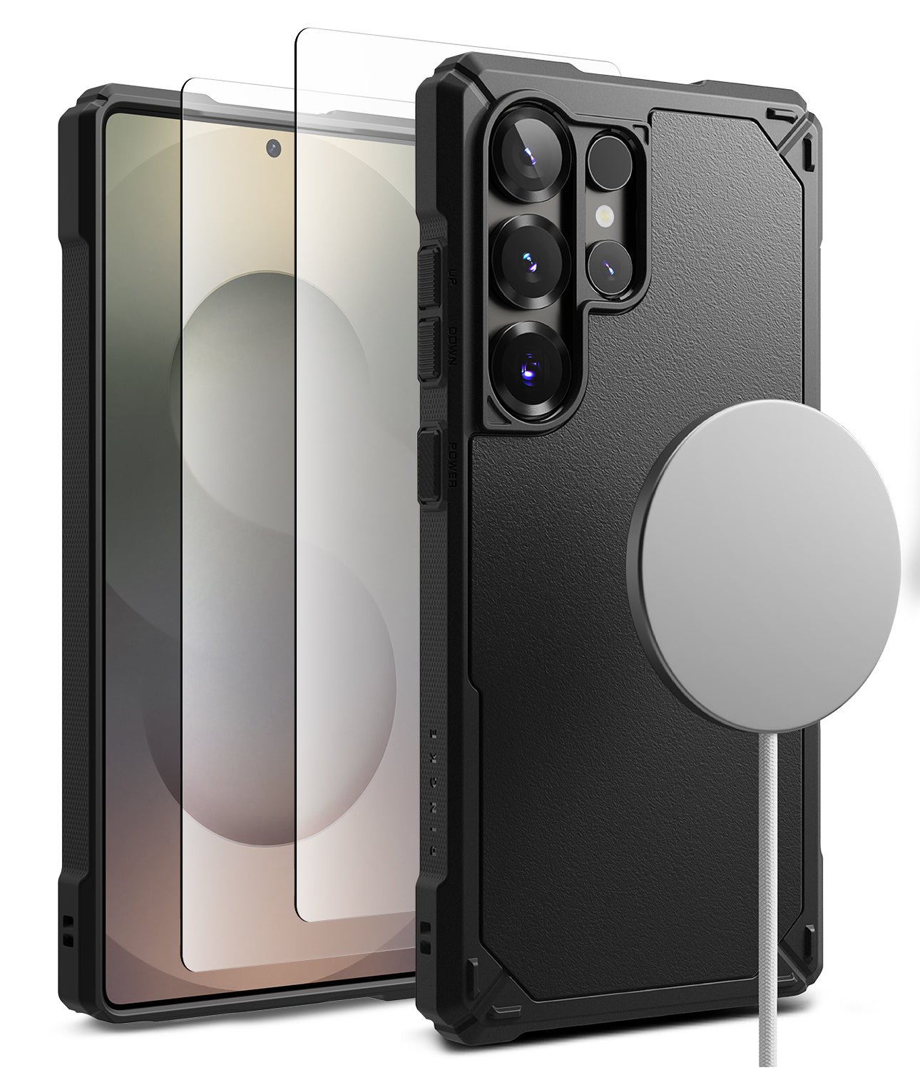 [Bundle] Galaxy S25 Ultra | Rugged Gear Magnetic - Black rugged phone case with magnetic charger and screen protector.