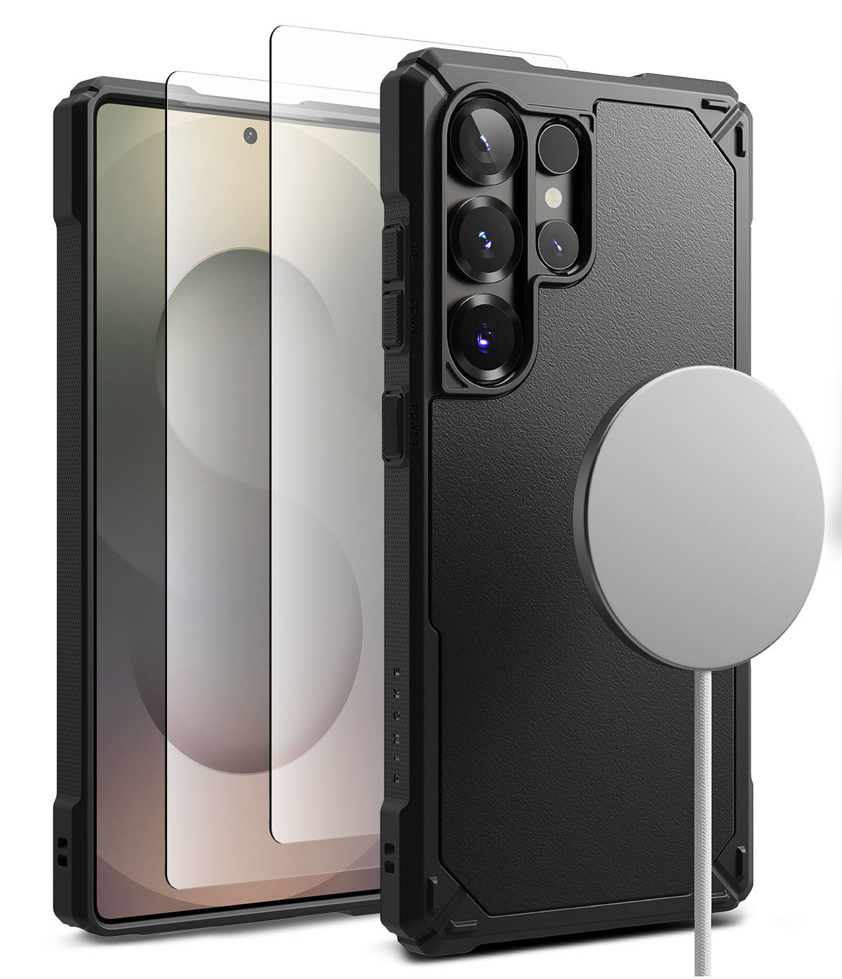 [Bundle] Galaxy S25 Ultra | Rugged Gear Magnetic - Black rugged phone case with magnetic charger and screen protector.