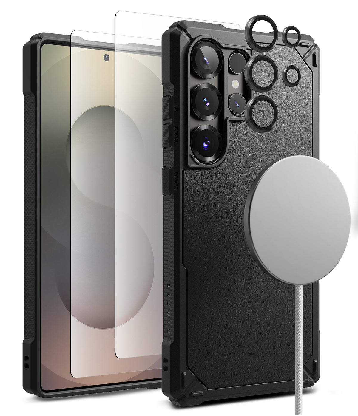 [Bundle] Galaxy S25 Ultra | Rugged Gear Magnetic - Galaxy S25 Ultra | Rugged Gear Magnetic - Black protective phone case, screen protector, lens rings, and magnetic charger.