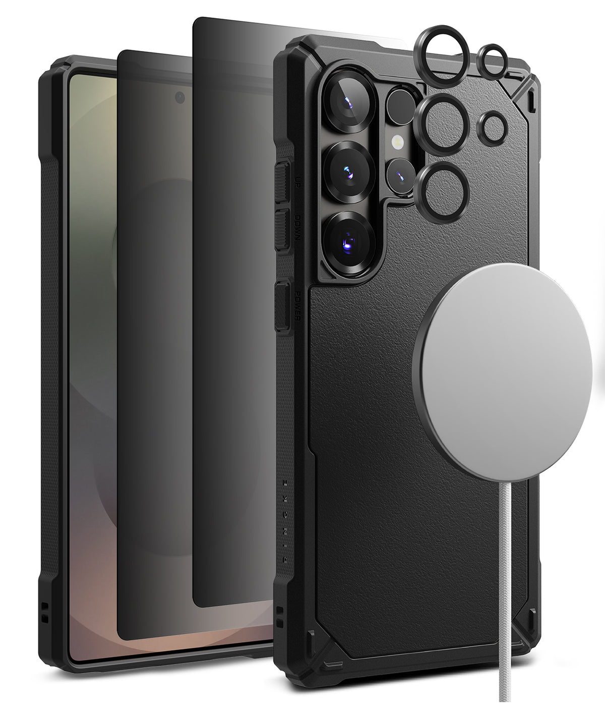 [Bundle] Galaxy S25 Ultra | Rugged Gear Magnetic - Bundle: Galaxy S25 Ultra | Rugged Gear Magnetic - Black phone case, screen protector, and magnetic charger components.