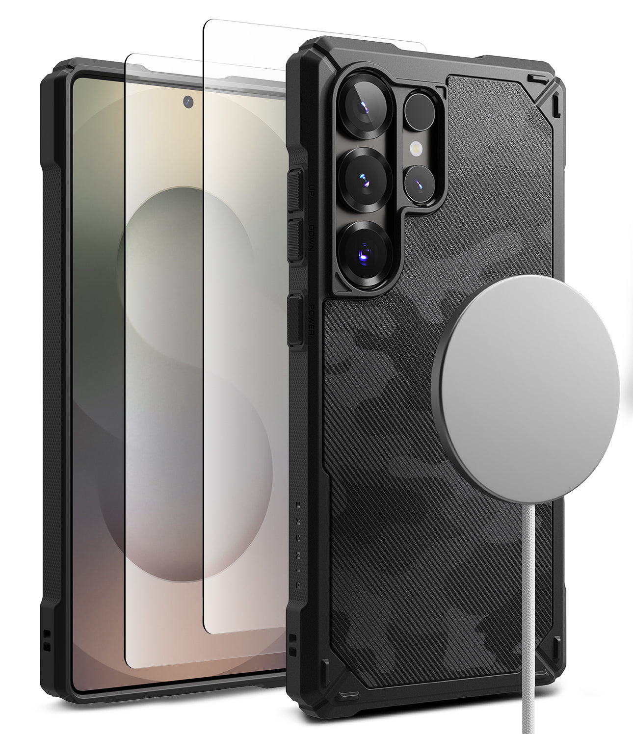 [Bundle] Galaxy S25 Ultra | Rugged Gear Magnetic - Galaxy S25 Ultra | Rugged Gear Magnetic - Black camo phone case with magnetic charger and screen protector.