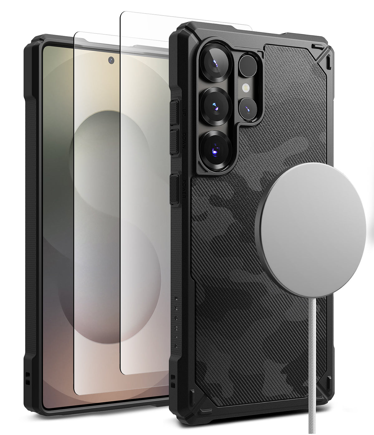 [Bundle] Galaxy S25 Ultra | Rugged Gear Magnetic - Galaxy S25 Ultra | Rugged Gear Magnetic - Black camo phone case with magnetic charger and screen protector.